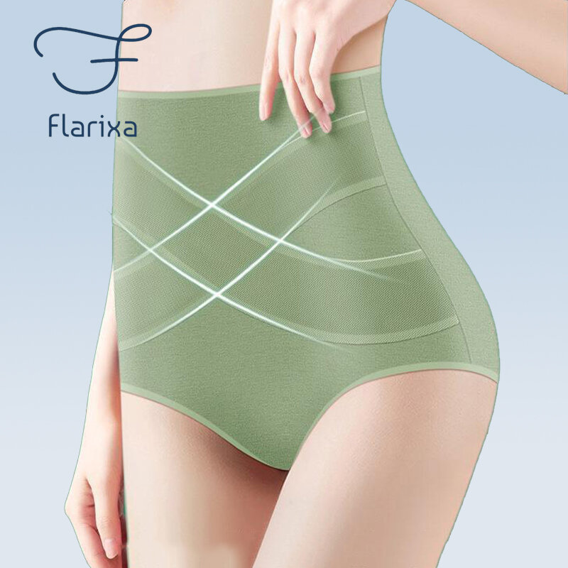 Flarixa-원활한 하이 웨이스트 코튼 팬티 여성용, 크로스 뱃살 컨트롤 속옷, 여자용 팬티, 통기성 단색 팬티