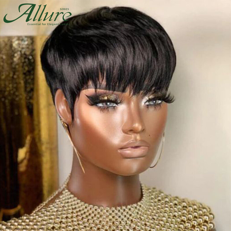 Натуральные короткие парики для темных женщин, Прямые Цветные человеческие волосы с челкой, безклеевые натуральные бразильские волосы