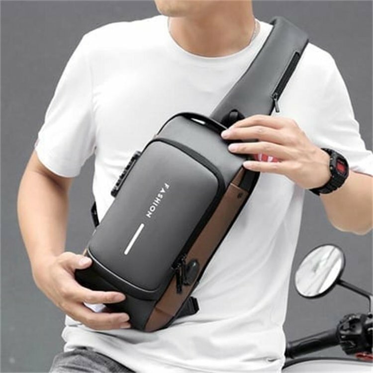 Bolso de pecho de PU multifunción para hombre, bolsa deportiva antirrobo con bloqueo de contraseña y hombro ajustable, carga USB