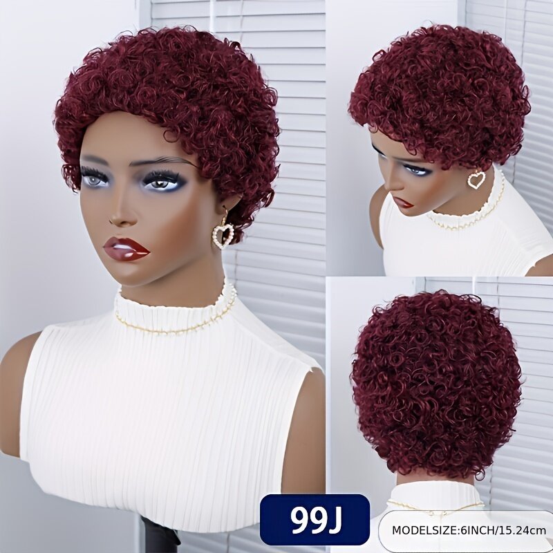 Natural Black Kinky Curly Pixie Cut Wig Human Hair Short Cut Glueless Full Machine Made Humain Hair Wig With Bangs Machine Made