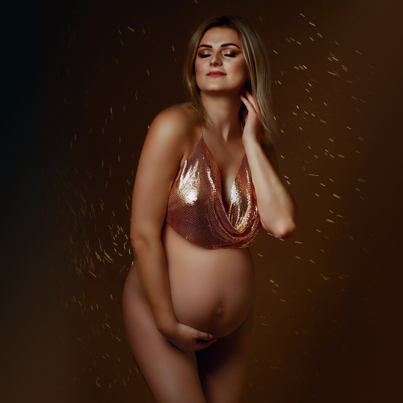 Alat peraga Studio fotografi pakaian untuk wanita hamil seksi rantai logam rompi Suspender cocok untuk ibu hamil