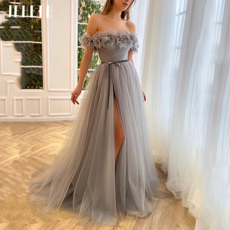 JEHETH Grey 3D Flowers Tulle Prom Dress Elegant Off Shoulder Side Split Open Back Pleats A Line Evening Party Gown Ankle Length