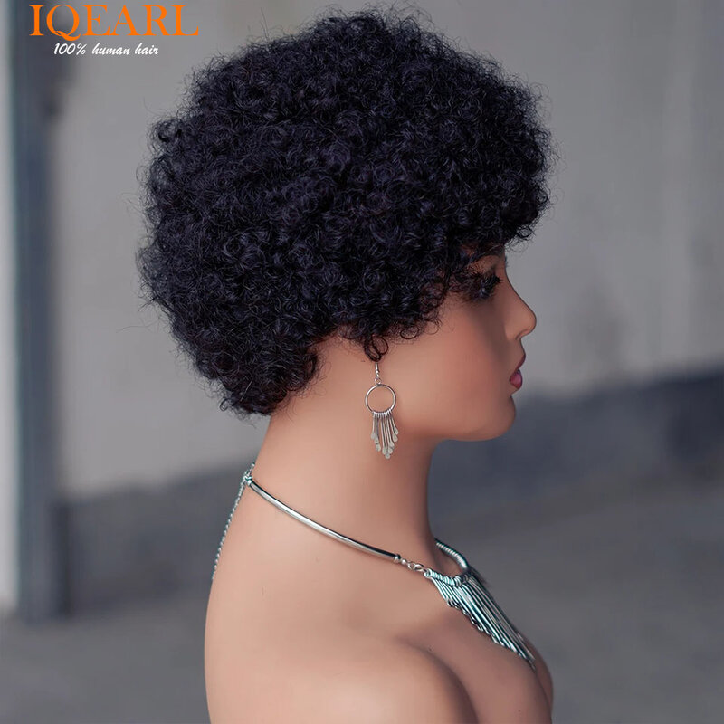Pixie skrót Afro perwersyjne kręcone ludzkie włosy peruki z grzywką krótkie brazylijskie Remy ludzkie włosy maszyna wykonana peruki dla kobiet bezklejowe