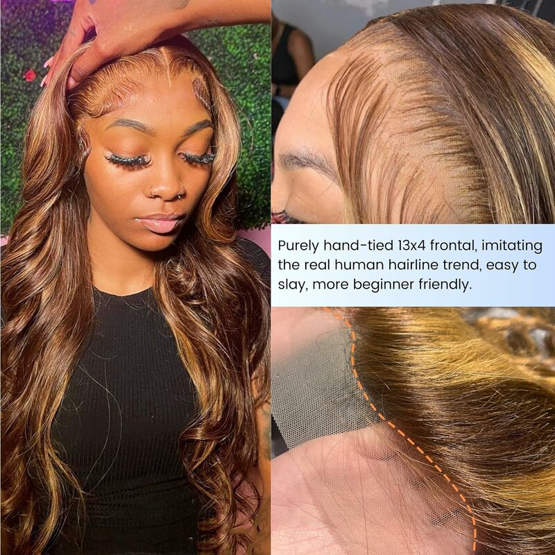 Bundles With Frontal Body Wave Honey Blonde Highlight 3 Bundle with 13x4 Lace Frontal Closure P4-27 Natural Brazilian Human Hair