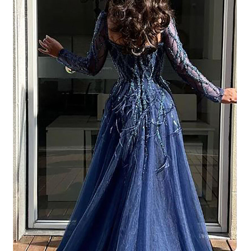 Sexy Tulle Side Slit Long Sleeves Beaded Sequins Ruched Feathers Prom Evening Dress Vestido de Fiesta