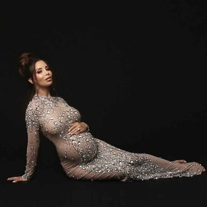 Suknia fotograficzna ciążowa seksowna suknia imprezowa bogini jasny diament sukienka rozciągliwa tkanina dla kobiet w ciąży sesja zdjęciowa rekwizyty