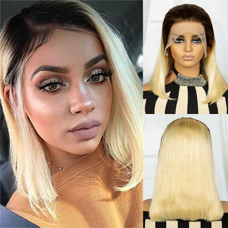 Brown Roots Bob Wig Double Drawn Straight Blonde Wig 13x4 Lace Front Brazilian Remy Hair Straight Short Wig