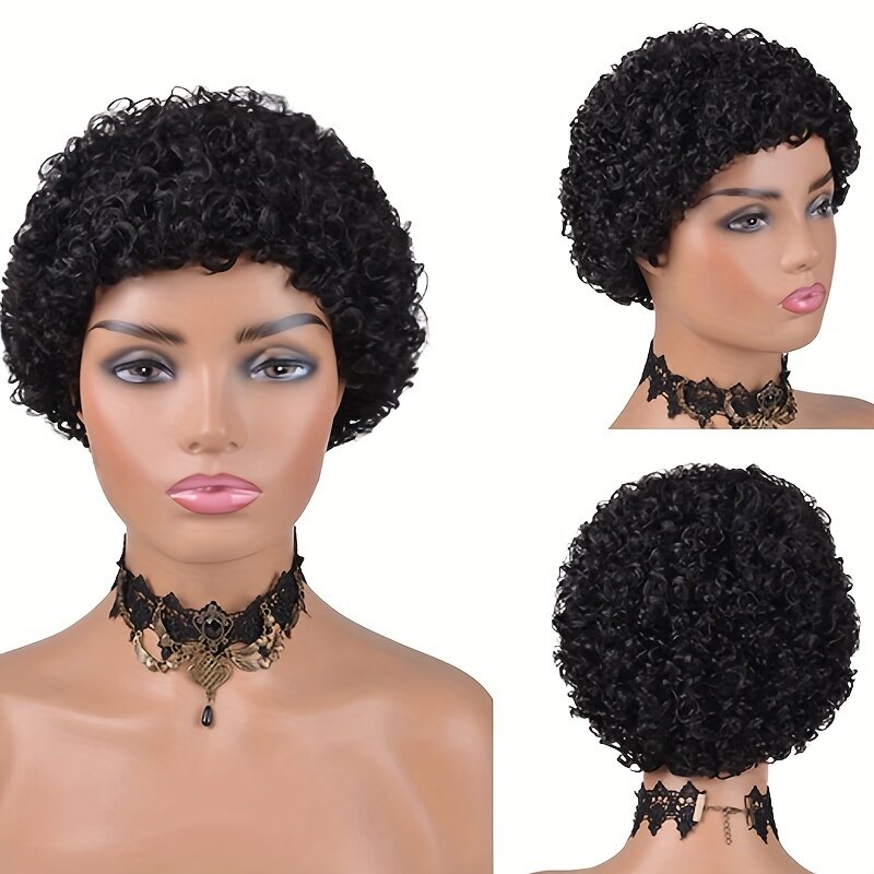 Peluca de cabello humano Remy brasileño para mujer, corte Pixie, ONDA DE AGUA 180D, hecha a máquina, rizado corto, aspecto Natural