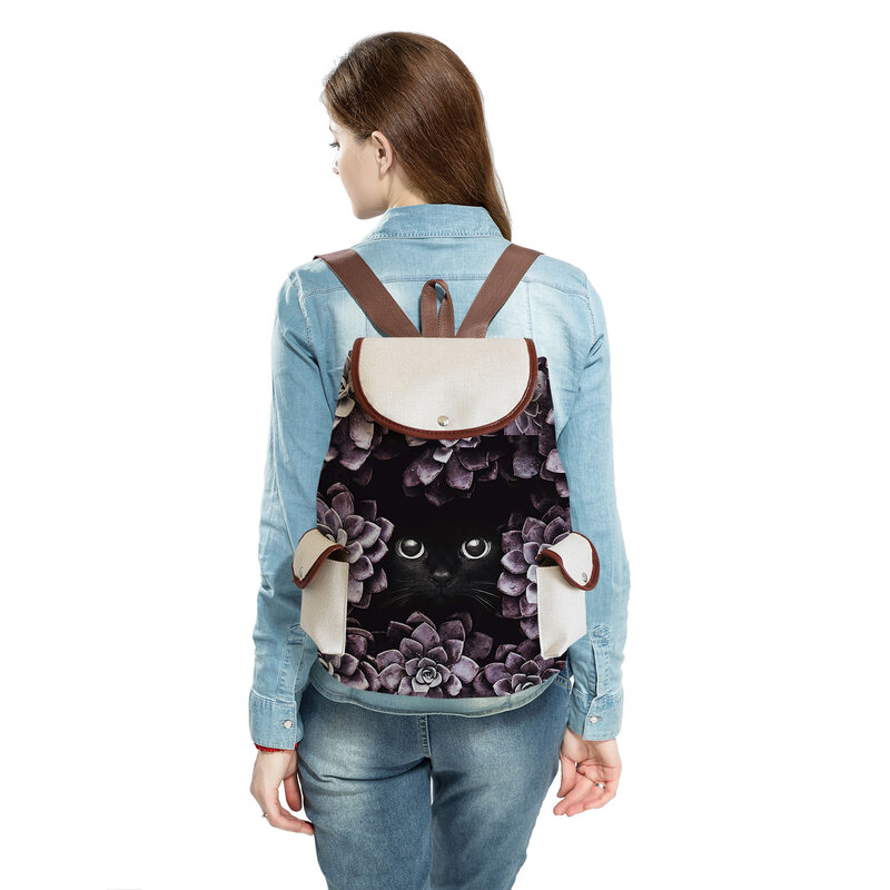 Gato mochila de alta capacidade mochila feminina adolescentes mochilas de cordão floral animal moda saco de escola adolescente padrão personalizado