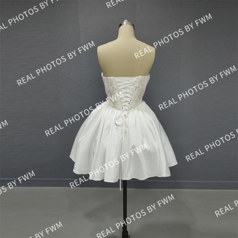 3540 # Real Photos elegancka Mini suknia wieczorowa bez ramiączek po ślubie aplikacje tafta krótki ślubny suknia z perłami 2024