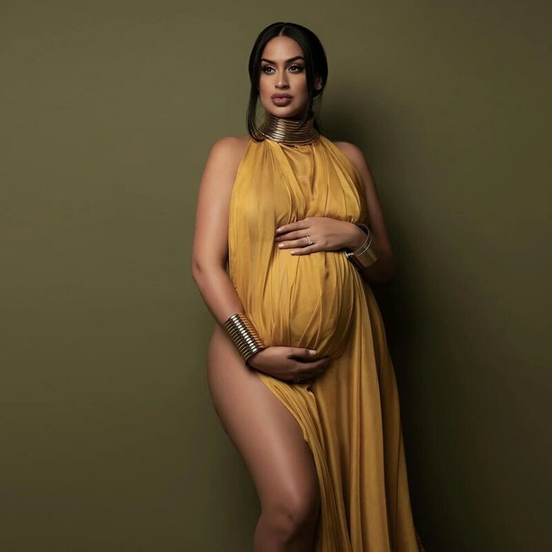 Moederschap Fotografie Poseren Props Sexy Elegante Lange Jurk Afrikaanse Ketting Sieraden Sets Fotoshoot Fotografie Jurk Voor Vrouwen