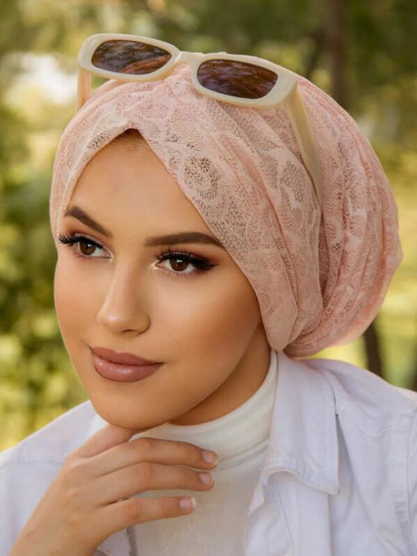 Gathered Wrap Bonnet, Stoned Tulle Lace Turban Scarf Hijab Clothing Muslim Fashion Casual Shawl Modern and Stylish Women 60111