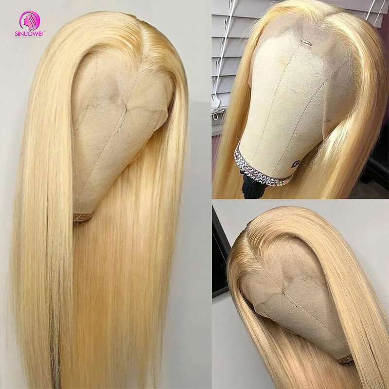 Perruque Lace Front Wig brésilienne naturelle, cheveux lisses, blond transparent, 13x6, HD, 613