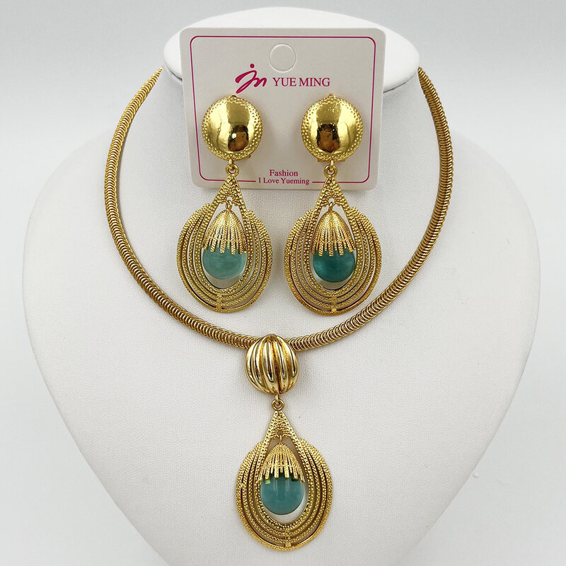 Dubai Jewelry Sets For Women Water Drop Earrings and Pendant Necklace 2Pcs Set Nigeria Bridal Weddings Party Accessory Gifts