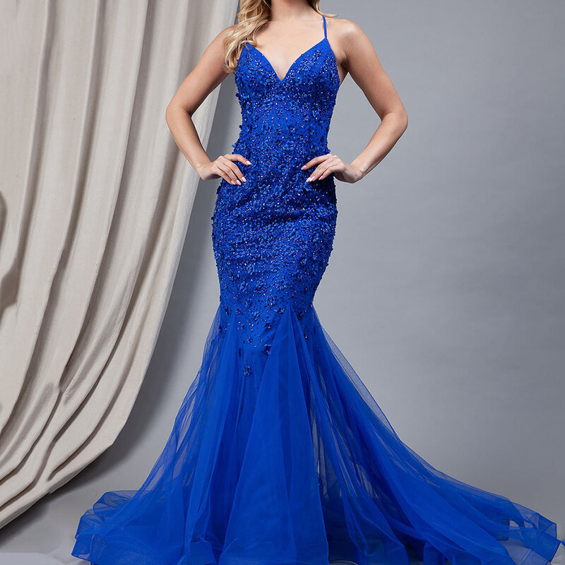 Lace Mermaid Prom Dresses com alças de espaguete, Sem encosto, Decote em V, Personalizado, Ocasião Formal, Vestido de Noite Moderno, Vestidos de Casamento