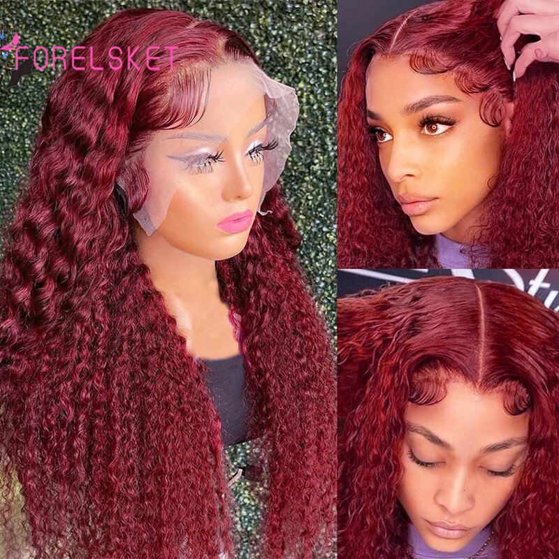 Peluca de cabello humano rizado para mujer, postizo de encaje Frontal de onda profunda transparente, 99J Color rojo borgoña, 13x4, Remy brasileño