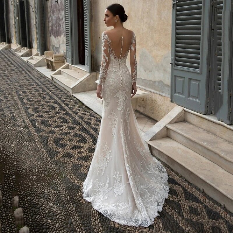 Challoner Elegant Mermaid Wedding Dress Women O-Neck Lace Appliques Button Back Floor Length Bridal Gown Vestidos De Novia New