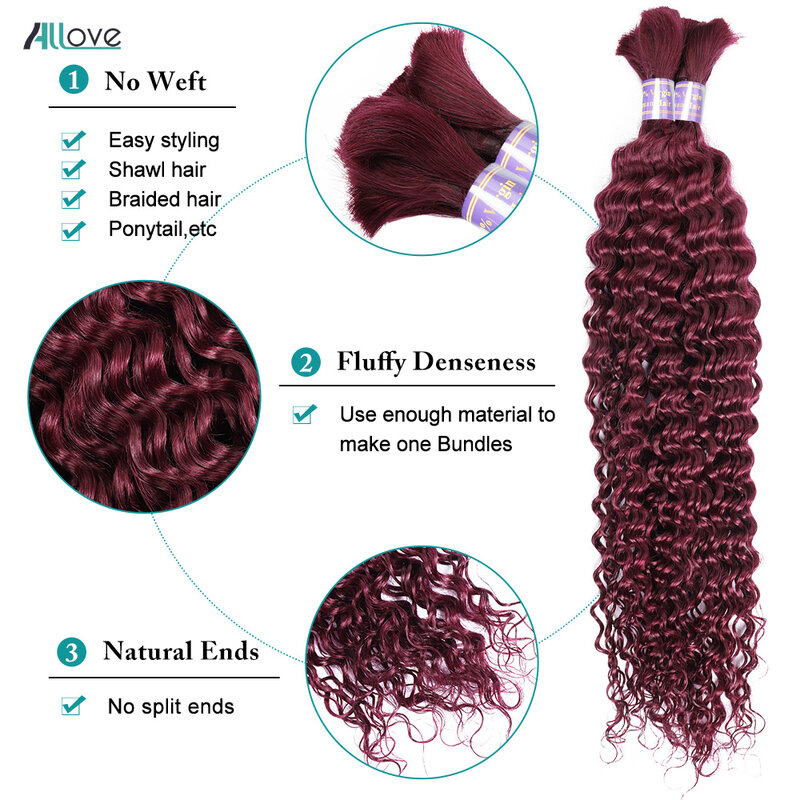Allove 99J Burgundy Bulk Human Hair For Braiding Brazilian Deep Wave Bulk 1 3 4 Pieces Colored Remy Hair Extensions For Women
