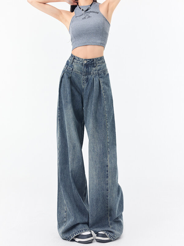 Y2K Women Korean Vintage Streetwear Baggy Jeans High Waisted Straight Wide Leg Pants Denim Trousers