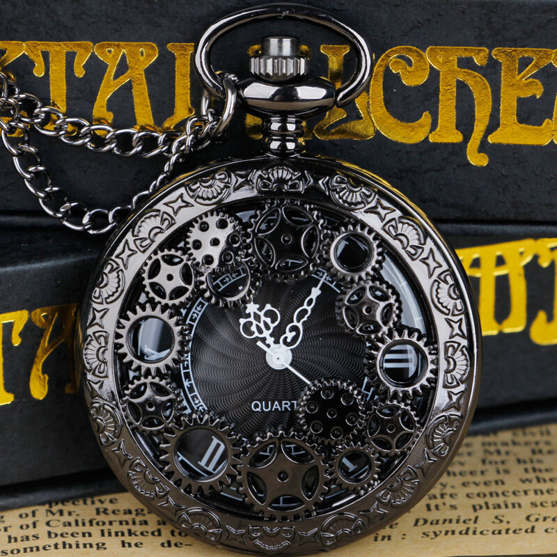 Jam tangan saku kuarsa hitam untuk pria jam tangan saku gigi berongga keren hadiah liontin kalung antik relogio masculino