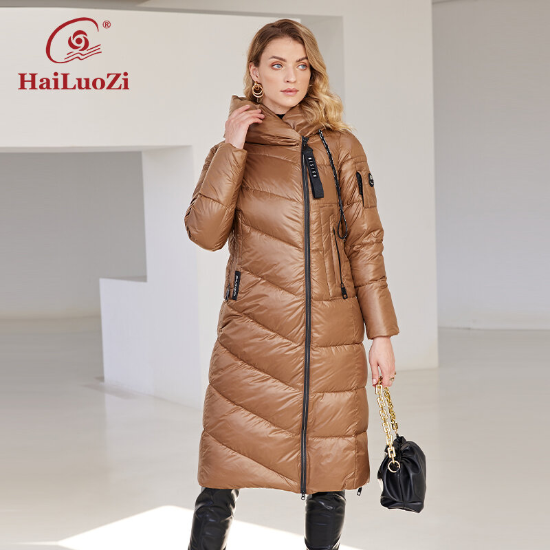 Новая женская зимняя куртка HaiLuoZi 2022, длинная теплая ветрозащитная стеганая Повседневная облегающая Хлопковая женская парка на молнии с капюшоном, Женское пальто 6055