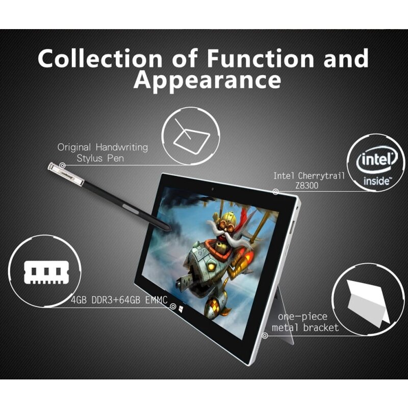 Tablet PC com Câmera Dupla, Windows 2in 1, 4GB RAM, 64GB ROM, X5-Z8300, Quad Core, Tela 1920x1080, Wi-Fi, 10.6 pol, 64Bit