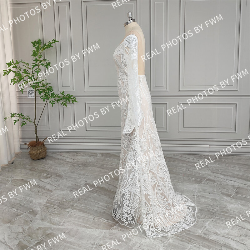 15995# Real Photos Boho Long Flare Sleeves Lace Wedding Dress For Women Backless V-Neck Bridal Gown