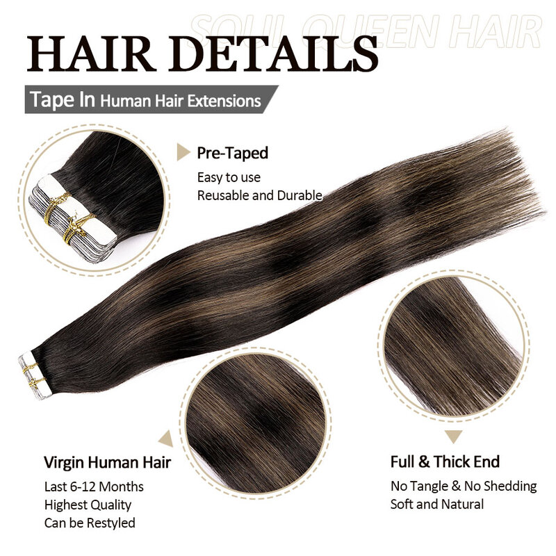 Taśma z ludzkich włosów z lat do przedłużania włosów Balayage naturalna czerń podkreślona kasztanowo-brązowa 20 szt. 50g taśmy Remy w ludzkim do przedłużania włosów