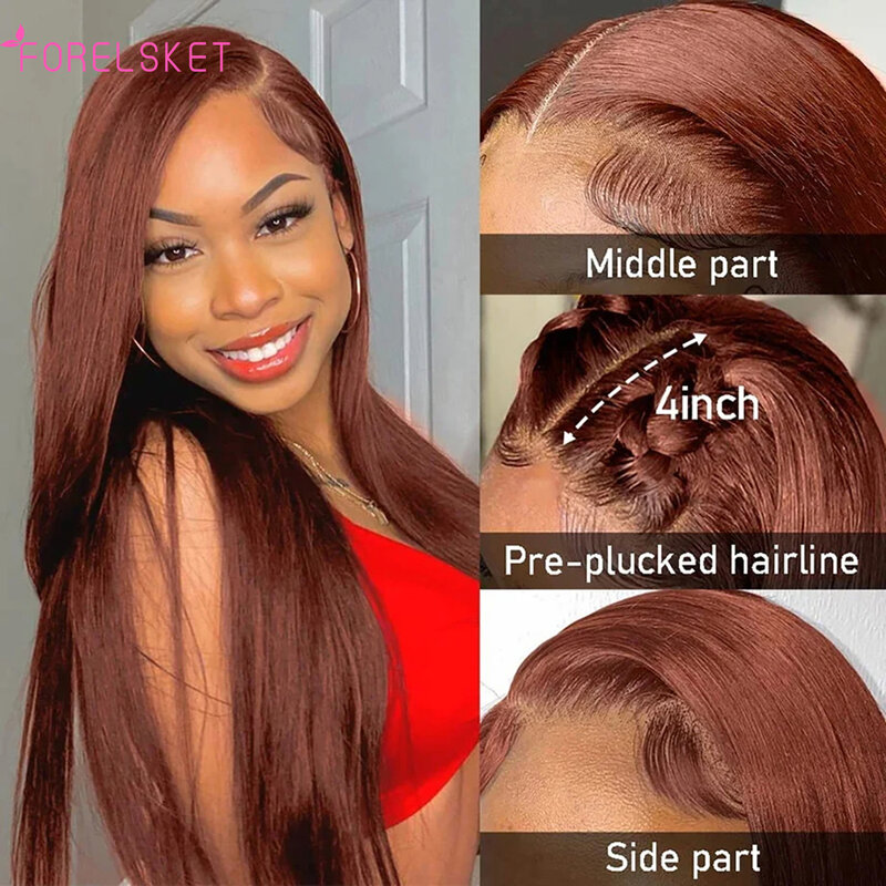 Burgundy Brazilian Virgin Straight Human Hair Wig Women's 4x4 Pre-plucked Front Lace Wig 100% Human Hair Deep Burgundy Brown Wig