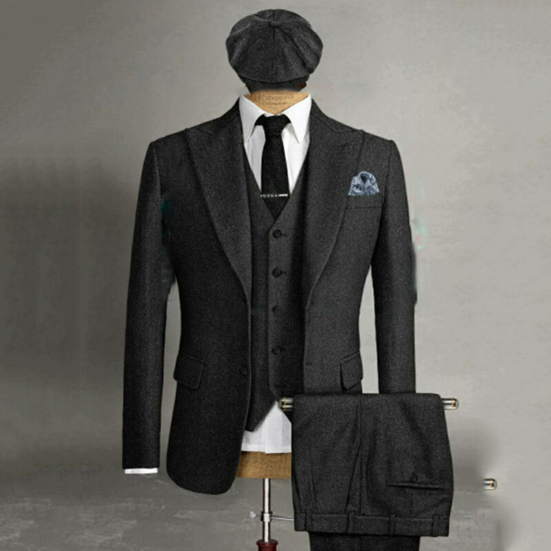 Traje de boda de espiga para hombre, chaqueta con solapa de pico, dos botones, traje ajustado de Tweed de invierno, 3 piezas, chaleco, pantalones, 2023