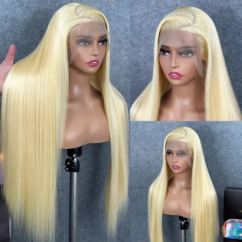 Peluca Frontal de encaje para mujer, cabello humano liso, sin pegamento, color rubio 613 transparente, 13x6, HD, 13x4