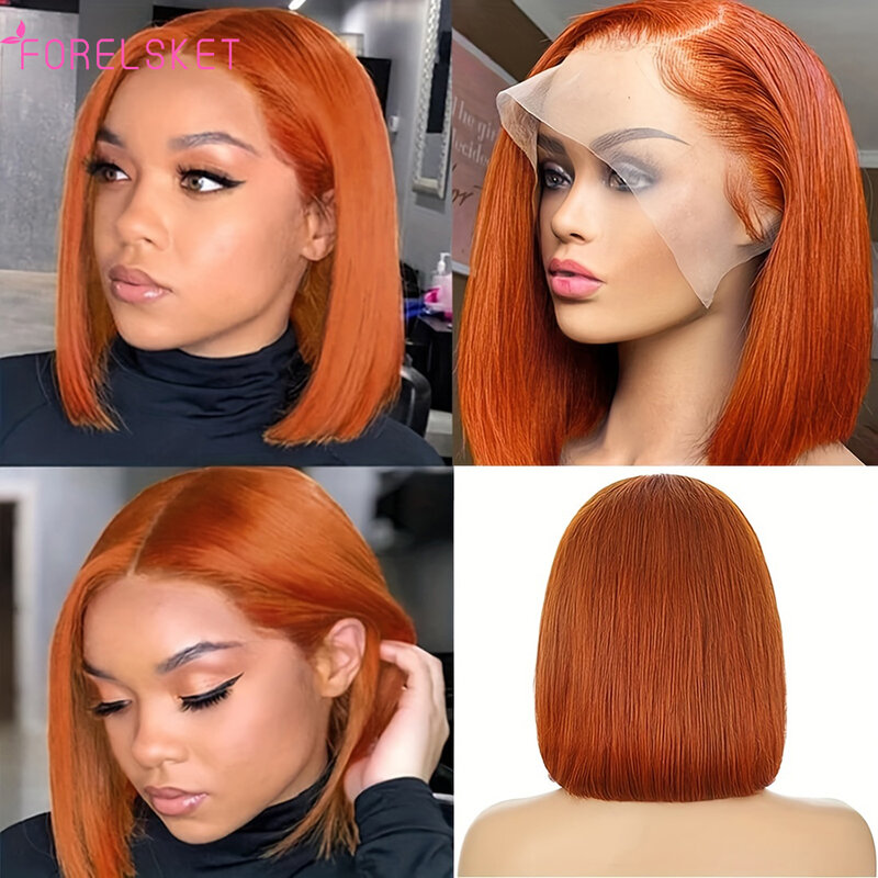 Prosta wstępnie oskubane peruwiańskie włosy dziewicze peruka z krótkim wycięciem o 180% gęstości 13x4 Hd koronkowa pomarańczowa część środkowa Bob dla kobiet
