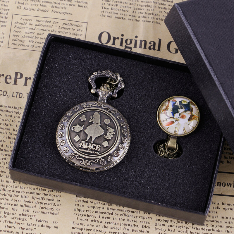 Nowa kieszeń zestaw zegarków Alice Theme królik kwarcowy Steampunk naszyjnik z wisiorem w stylu Retro pudełko kieszonkowy zegarek dla kobiet mężczyzn