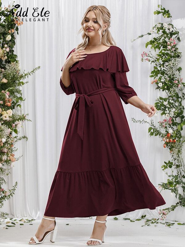 Dodaj eleganckie 2022 jesienne sukienki Plus Size dla kobiet Ruffles O szyi paskiem wokół talii pół rękawa kobiece delikatne słodkie Midi Dress B542
