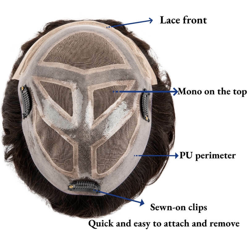 Rambut Clip-On Pria Mono & Pu dengan Renda Depan Tahan Lama untuk Prostesis Rambut Pria 100% Rambut Manusia Wig Pria Sistem Pembuangan