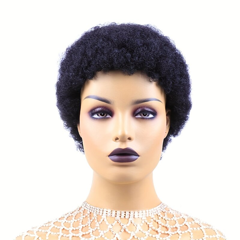 Short Afro Curly Wig Human Hair Wig For Women Pixie Cut Wig Afro Kinky Curly Wave Remy Hair Natural Black Color Wig Full Machine