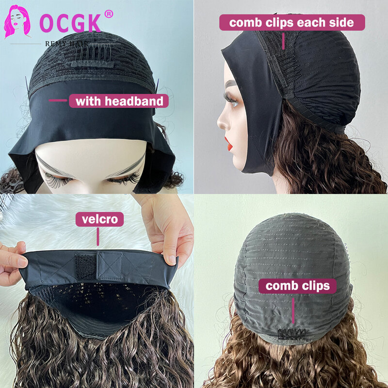 Peruca ondulada encaracolada com bandana para mulheres, cabelo humano brasileiro natural, cabeça cheia, sem cola, máquina feita, preto, onda de água