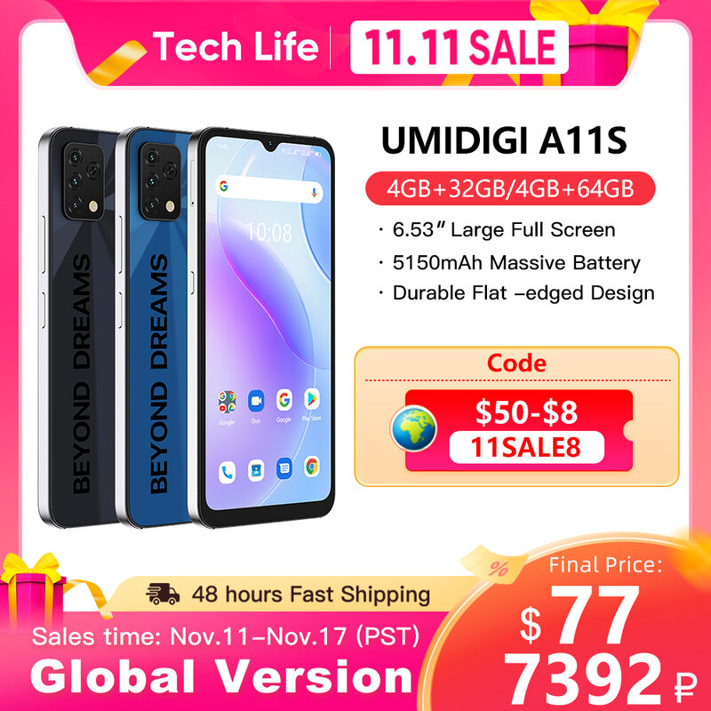 UMIDIGI A11S 글로벌 버전 스마트폰, 4GB, 32GB, 5150 mAh, 16MP 트리플 카메라, 6.53 인치 HD + 대형 풀 디스플레이 핸드폰