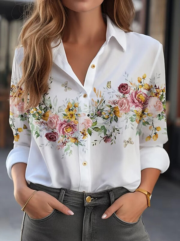 Женская рубашка с длинным рукавом, Элегантная блузка с цветочным 3D принтом, модная женская одежда больших размеров, 2024