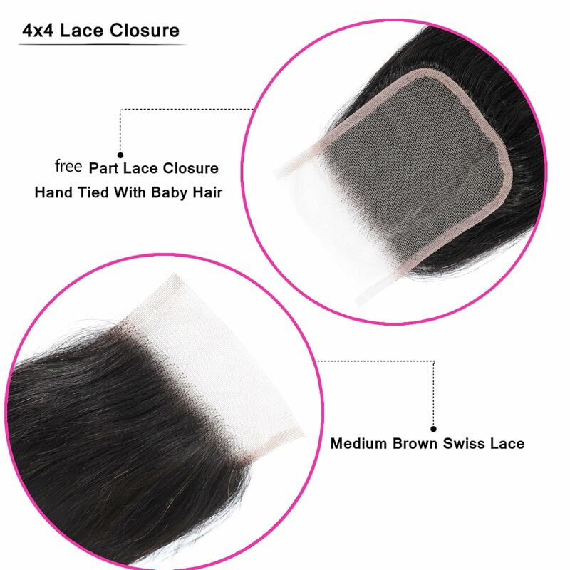 Mechones de cabello humano liso con cierre, 100% cabello humano brasileño sin procesar, 3 mechones con cierre Frontal 4x4 con cabello de bebé