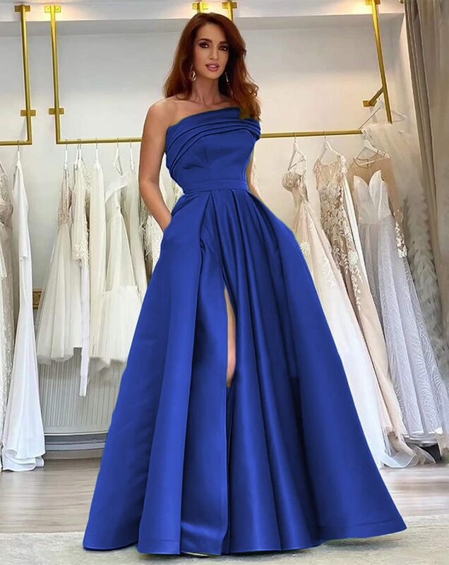 Elegant Satin One Shoulder Prom Dresses With Split & Pockets Cocktail Party Ball Gowns A-Line Long Formal Evening Dress Women