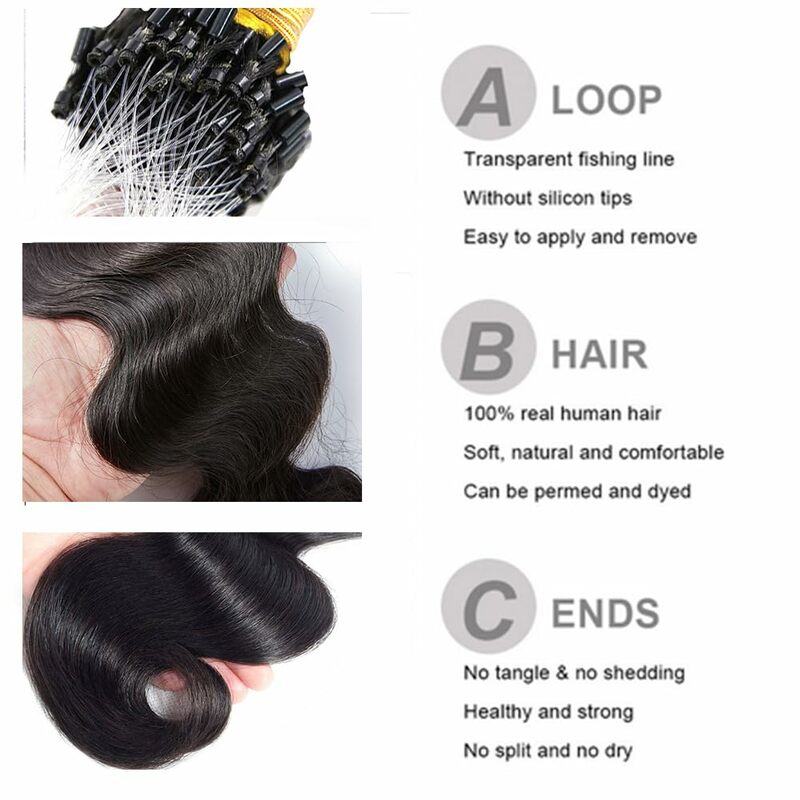 Extensions de cheveux humains Body Wave Micro Link, 1g par mèche, extension de cheveux perlés, extension de micro anneau invisible, # 1B