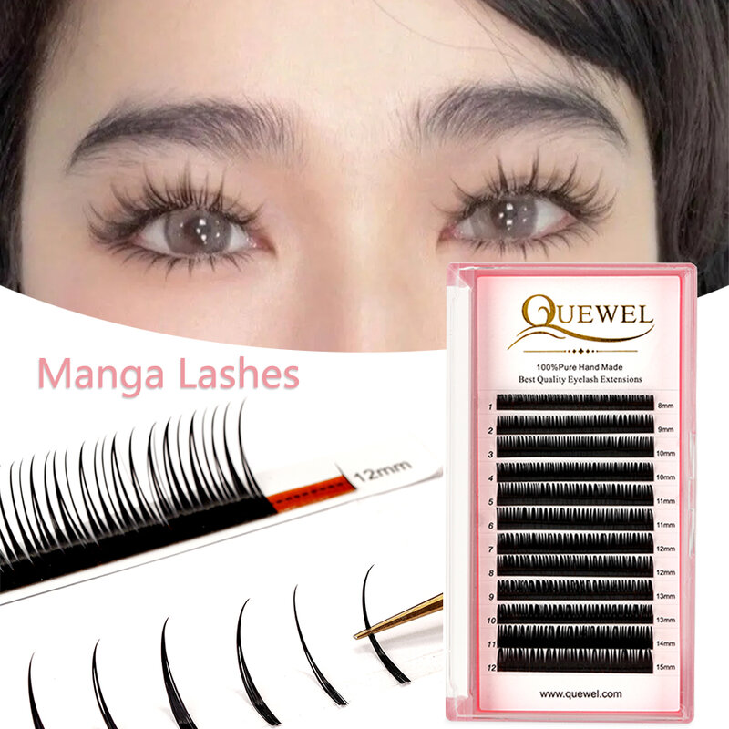 Quewel Wet Manga Eyelash Extensions Spikes Lashes Fully Natural Look 0.07mm C D Curl Cosplay Lash Premade Volume Lashes Clusters