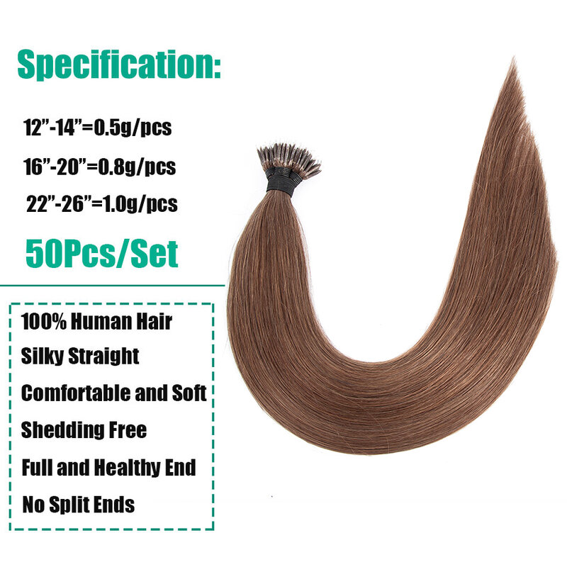 50Pcs Nano Ring Human Hair Extensions Straight Remy Micro Beads Ring Hair Extension 0.5g/0.8g/1g/Strand 12-26Inch Natural Color