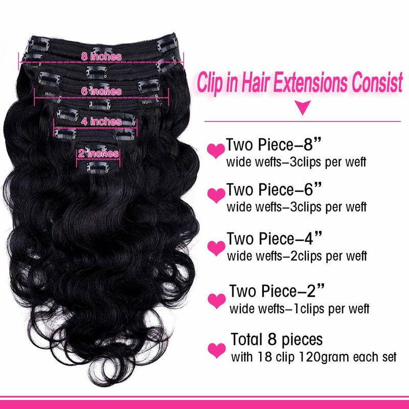 Extensions de cheveux brésiliens Body Wave à clipser pour femmes noires, 100% cheveux humains, double trame, 8 pièces, 120g, # 1B