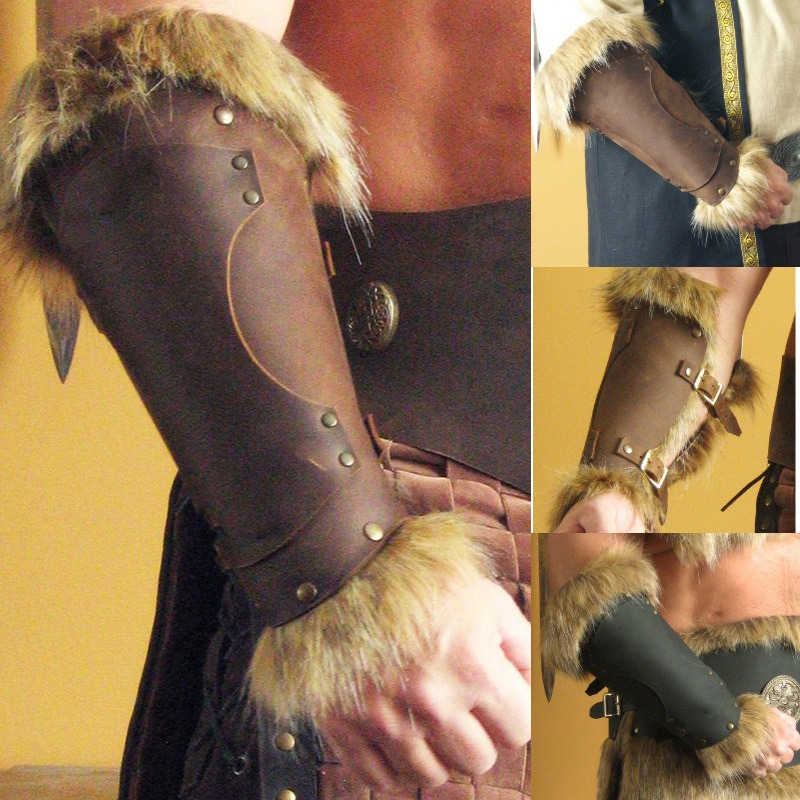 Medievale Viking Warrior bracciale in pelle Steampunk Fur Accents LARP Costume per uomo donna rivettato Arm Armor accessorio di Halloween