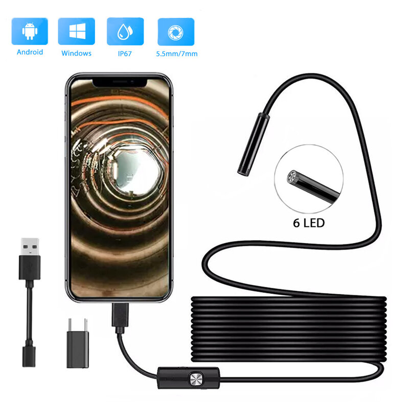 Caméra d'endoscope industrielle étanche IP67 3 en 1, endoscope 5.5mm/7mm, caméra 6LED réglable pour téléphone Android, USB-C PC