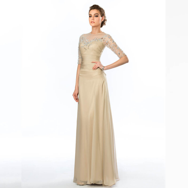 AIOVOX Vintage Beading Evening Dress 3/4-Sleeve A-Line Elegant Party Dresses Floor-Length Simple High Neck Vestido De Noche