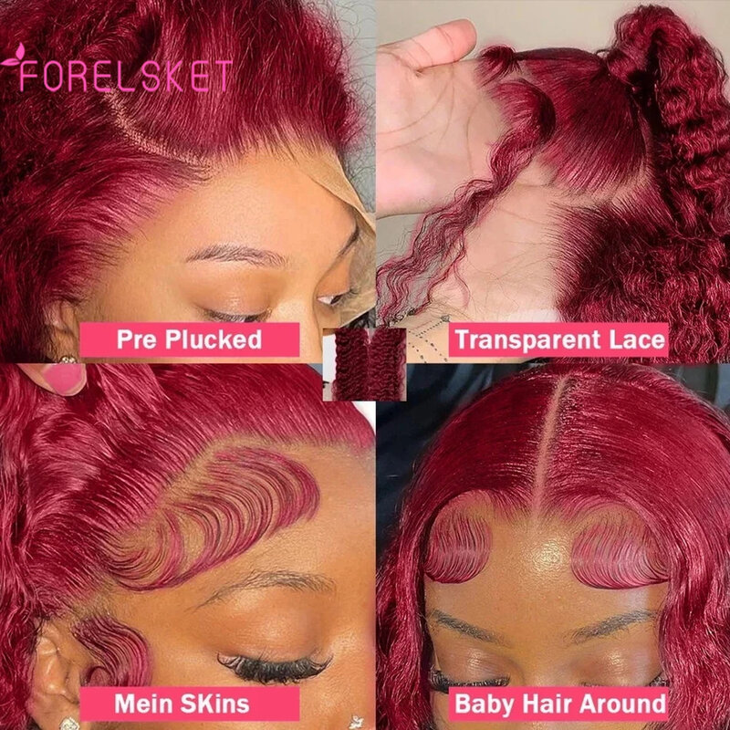 Pelucas de cabello humano de onda profunda 99J para mujer, 13x4, Borgoña, rizado, transparente, encaje Frontal, 4x4, Color Rojo