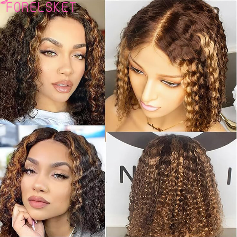 Curly Bob 13X4 Lace Front Wig Brazilian Remy Human Hair Wig Blonde Brown Deep Wave Short Wig For Women 13x4 Lace Highlight Color